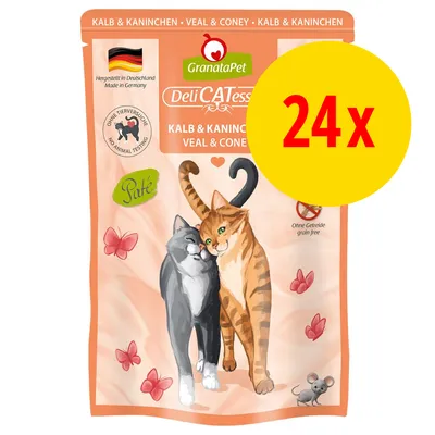 GranataPet DeliCATessen Kalb & Kaninchen, 24x annospussi. Paté. Ilman eläinkokeita, ilman viljaa. Valmistettu Saksassa. Kissat kuvassa. Iso keltainen ympyrä: 24x. GranataPet DeliCATessen Kalb & Kaninchen, 24x annospussi. Paté. Ilman eläinkokeita, ilman viljaa. Valmistettu Saksassa. Kissat kuvassa. Iso keltainen ympyrä: 24x.