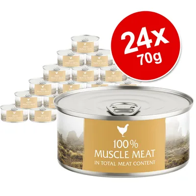 24 tins of 100% muscle meat, each 70g. Label shows chicken icon and text: 100% MUSCLE MEAT IN TOTAL MEAT CONTENT.