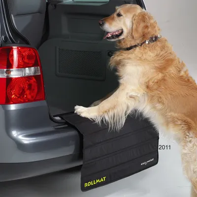 Hund använder svart rullmatta med gul text 'ROLLMAT' för att skydda stötfångaren vid in- och utstigning ur bil.