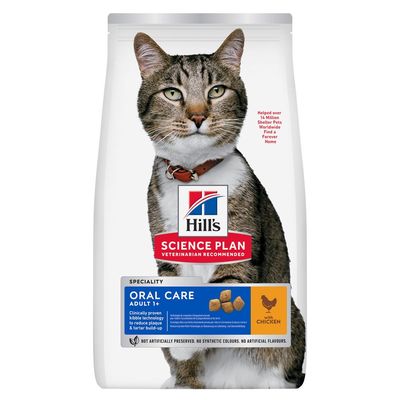 Hill's Science Plan Oral Care Adult 1+ with chicken, clinically proven kibble technology to reduce plaque and tartar build-up, no artificial preservatives, colours or flavours.
