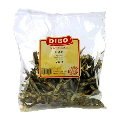 DIBO FISCH, tørret enkeltfoder til hunde, 200 g. Synlig tekst på tysk: Für die Besten das Beste, getrocknet, Einzelfuttermittel für Hunde, 200 g. DIBO FISCH, tørret enkeltfoder til hunde, 200 g. Synlig tekst på tysk: Für die Besten das Beste, getrocknet, Einzelfuttermittel für Hunde, 200 g.