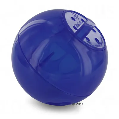 Balle bleue en plastique avec plusieurs trous et inscription visible « SlimCat » sur le dessus.