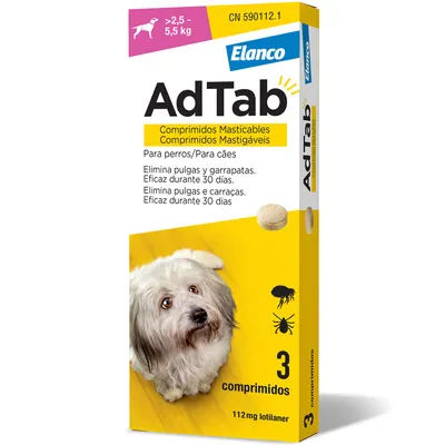 AdTab Elanco, 3 comprimidos de 112 mg de lotilaner para perros de 2,5–5,5 kg. Eficaz contra pulgas y garrapatas, efecto durante 30 días. Envase con imagen de perro.