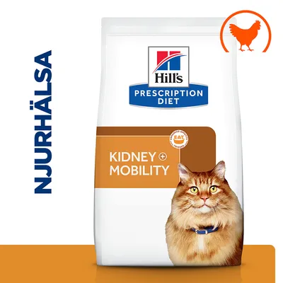 Hill's Prescription Diet Kidney + Mobility kattmat, text: NJURHÄLSA, bild på katt och kycklingsymbol synliga på förpackningen. Hill's Prescription Diet Kidney + Mobility kattmat, text: NJURHÄLSA, bild på katt och kycklingsymbol synliga på förpackningen.