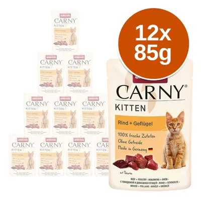 Animonda Carny Kitten Rind + Geflügel, 12×85g. Na obalu: 100% frische Zutaten, Ohne Getreide, Made in Germany, obrázek kotěte a masa.