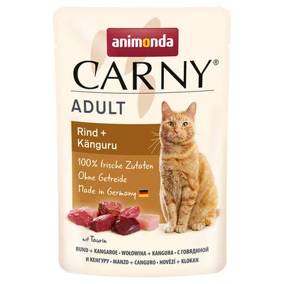 Carny Adult Rind + Kanguru. 100% fresh ingredients, grain-free, made in Germany. Image shows meat pieces and a cat beside product details.
