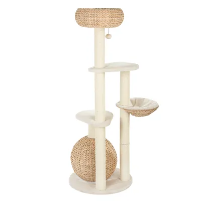 Arbre à chat avec poteaux en sisal, deux paniers tressés, une balle suspendue et plusieurs plateformes, base ronde recouverte de tissu clair. Arbre à chat avec poteaux en sisal, deux paniers tressés, une balle suspendue et plusieurs plateformes, base ronde recouverte de tissu clair.