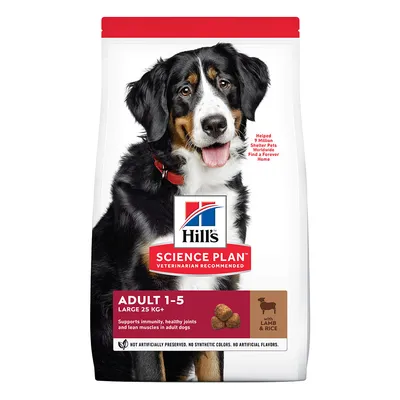Hill's Science Plan Adult 1-5 Large 25kg+ com cordeiro e arroz. Apoia imunidade, articulações e músculos saudáveis em cães adultos. Sem conservantes ou corantes artificiais.