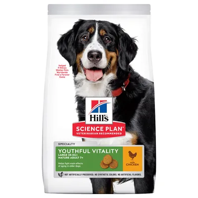 Hill's Science Plan Youthful Vitality Large 25kg+ Mature Adult 7+ kanalla. Tukee vanhempia koiria. Ei keinotekoisia säilöntäaineita, värejä tai aromeja.