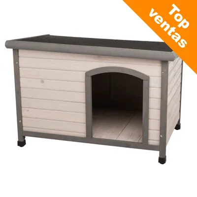 Caseta de madera para perros con techo plano y entrada frontal. Esquina superior derecha con texto: Top ventas.