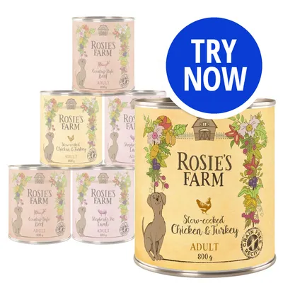 Selection of Rosie's Farm adult wet food tins in various flavours, including slow-cooked chicken and turkey, with a blue 'Try Now' callout.