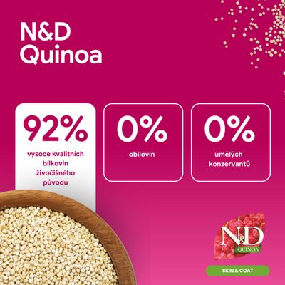 N&D Quinoa: 92% kvalitných živočíšnych bielkovín, 0% obilnín, 0% umelých konzervačných látok. Skin & Coat.