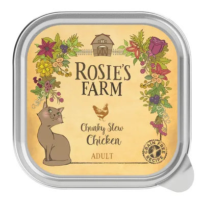 Rosie's Farm Chunky Stew Chicken Adult. Grain-free recipe, illustration of a cat and chicken, floral pattern and farm symbol on the packaging.
