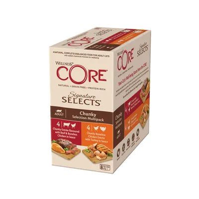Chunky Selection Multipack for adult cats, includes 4 cans of beef and boneless chicken in sauce, and 4 cans of boneless chicken with turkey in sauce. Total 8 x 85g cans.
