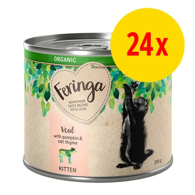 Feringa ORGANIC Veal with pumpkin & cat thyme KITTEN, konzerva 200 g, balení 24x. Na obalu černé kotě a nápis HOMEMADE TASTE BEGINS WITH LOVE. Feringa ORGANIC Veal with pumpkin & cat thyme KITTEN, konzerva 200 g, balení 24x. Na obalu černé kotě a nápis HOMEMADE TASTE BEGINS WITH LOVE.