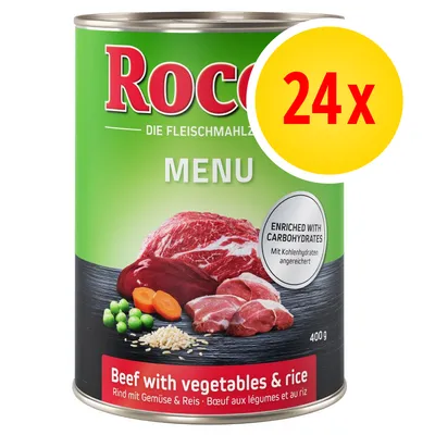 Pack of 24 cans, beef with vegetables and rice, enriched with carbohydrates, 400g each. Visible ingredients include meat, carrots, peas and rice.