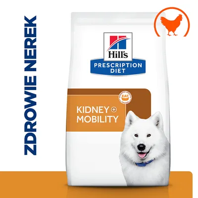 Hill's Prescription Diet Kidney + Mobility, opakowanie z białym psem, napis ZDROWIE NEREK po lewej stronie, symbol pomarańczowej kury w prawym górnym rogu. Hill's Prescription Diet Kidney + Mobility, opakowanie z białym psem, napis ZDROWIE NEREK po lewej stronie, symbol pomarańczowej kury w prawym górnym rogu.
