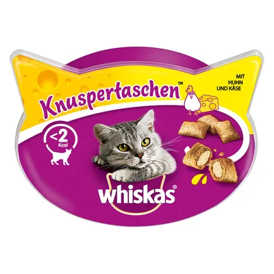 Whiskas Knuspertaschen -kissanherkkupakkaus, näkyvissä teksti: Knuspertaschen, mit Huhn und Käse, <2 Kcal, Whiskas. Kuvassa kissan kuva ja täytettyjä herkkupaloja.