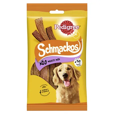 Pedigree Schmackos x20 Multi Mix, mindre än 30 kcal per bit, med Omega 6 och vitamin E.