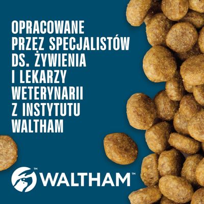 Opracowane przez specjalistów ds. żywienia i lekarzy weterynarii z Instytutu Waltham. Widoczna marka WALTHAM, obok przedstawione są krokiety karmy.