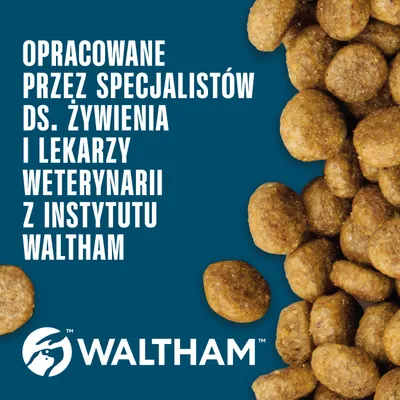 Opracowane przez specjalistów ds. żywienia i lekarzy weterynarii z Instytutu Waltham. Widoczna marka WALTHAM, obok przedstawione są krokiety karmy.
