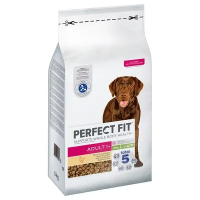Zak Perfect Fit Adult 1+ hondenvoer, afbeelding van bruine hond, zichtbaar: 'supports whole body health', 'rich in chicken', 'total 5', inhoud 6 kg. Zak Perfect Fit Adult 1+ hondenvoer, afbeelding van bruine hond, zichtbaar: 'supports whole body health', 'rich in chicken', 'total 5', inhoud 6 kg.