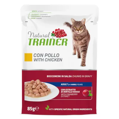 Natural Trainer con pollo with chicken, bocconcini in salsa, adult (+1 anno/year), avec extrait de myrtille rouge, 85 g. Sans colorants, conservateurs, arômes. Pour chat visible sur l’emballage.
