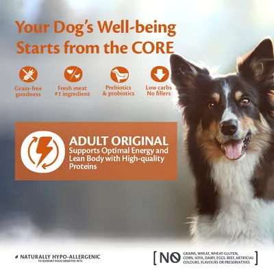 Adult Original supports optimal energy and lean body with high-quality proteins. Grain-free, fresh meat as main ingredient, prebiotics, low carbs, no fillers, naturally hypo-allergenic.
