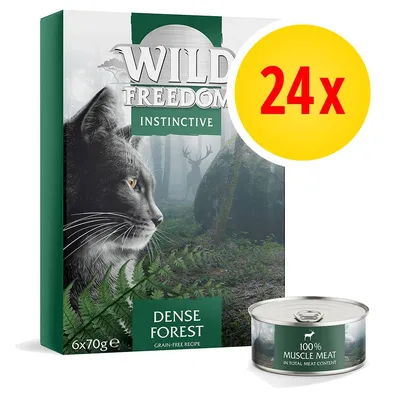 Wild Freedom Instinctive Dense Forest, 6x70g, 100% muscle meat in total meat content, zestaw 24x. Opakowanie i puszka widoczne na zdjęciu. Wild Freedom Instinctive Dense Forest, 6x70g, 100% muscle meat in total meat content, zestaw 24x. Opakowanie i puszka widoczne na zdjęciu.