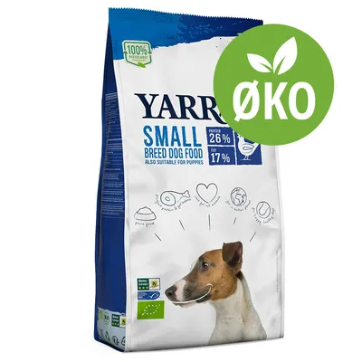 Yarrah Small Breed Dog Food, protein 26 %, fedt 17 %, øko-mærke, Beter Leven-certifikat, egnet til små hunde og hvalpe. 100 % recyclable packaging. ØKO badge synligt.
