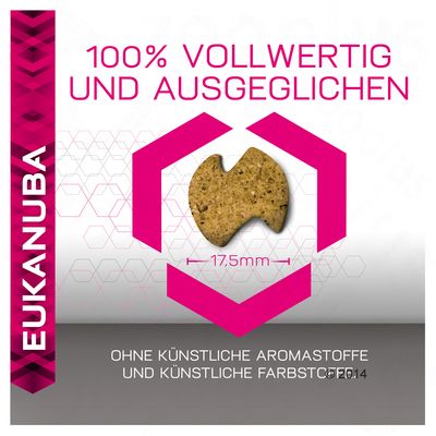 EUKANUBA, 100% VOLLWERTIG UND AUSGEGLICHEN, bez umjetnih aroma i boja, oblik granule promjera 17,5 mm. Tekst na njemačkom jeziku.