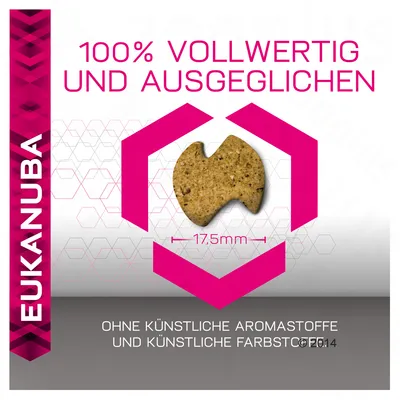 EUKANUBA, 100% VOLLWERTIG UND AUSGEGLICHEN, bez umjetnih aroma i boja, oblik granule promjera 17,5 mm. Tekst na njemačkom jeziku.