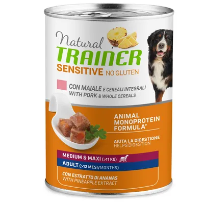 Natural Trainer Sensitive No Gluten cu porc și cereale integrale, formulă monoproteică, extract de ananas, pentru câini de talie medie și mare de la 11 kg și peste 12 luni. Susține digestia.