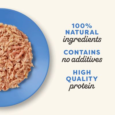 100% natural ingredients, contains no additives, high quality protein. Shredded food shown on a blue plate.