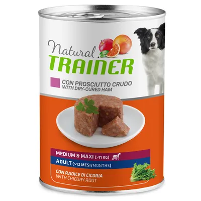 Natural Trainer konzerva pro psy s prosciuttem crudo a čekankovým kořenem. Pro střední a velké psy (>11 kg), dospělé (>12 měsíců).