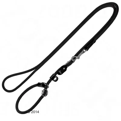 Sort justerbar hundesnor i flettet nylon med metalringe og karabinhager, mærket Hunter synligt på læderdetalje.