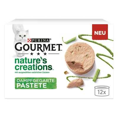 Purina Gourmet nature's creations, Dampfgegarte Pastete, boîte de 12. Texte en allemand : mit ausgewählten natürlichen Zutaten. Mention NEU en haut à droite.