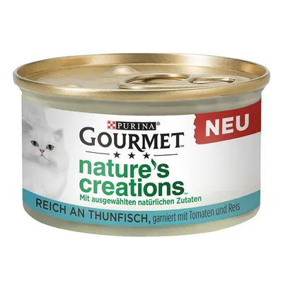 Purina Gourmet Nature's Creations, runsaasti tonnikalaa, koristeltu tomaateilla ja riisillä. Valikoituja luonnollisia ainesosia. Uutuus.