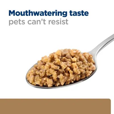 Mouthwatering taste pets can't resist szöveg, alatta kanálban darabos állateledel látható. A szöveg angol nyelvű.
