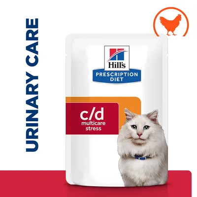 Hill's Prescription Diet c/d Multicare Stress pouch with urinary care text and chicken icon, indicating product for urinary health support with chicken flavour.