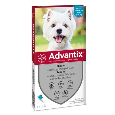 Advantix per cani oltre 4 kg fino a 10 kg, elimina zecche, pulci e pidocchi. Repelle zanzare, flebotomi e mosche cavalline. Confezione da 4 pipette da 1,0 ml.