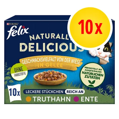 Purina Felix Naturally Delicious in gelatina, 10x bocconcini con tacchino e anatra. Senza coloranti. Prodotto con ingredienti naturali selezionati. Testo in tedesco.