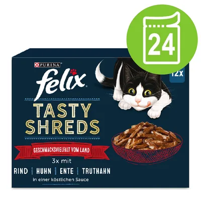Purina felix Tasty Shreds Geschmacksvielfalt vom Land, 24er Pack, 3x mit Rind, Huhn, Ente, Truthahn in Sauce. Abbildung einer Schale mit Fleischstreifen.