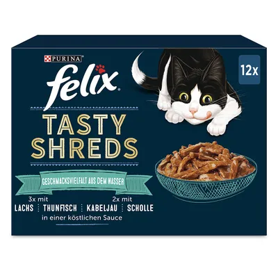 Purina Felix Tasty Shreds, 12x. Prikaz zdjelice s trakicama hrane za mačke. Tekst na njemačkom: Geschmacksvielfalt aus dem Wasser, Lachs, Thunfisch, Kabeljau, Scholle.