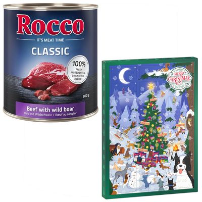 Konzerva Rocco Classic Pure beef 800 g, nápis 100 % fresh ingredients & grain-free recipe. Vedľa adventný kalendár s motívom Vianoc a oranžový kruh s textom Zadarmo.