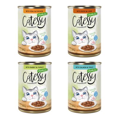 Konzerva Catessy with lamb 400 g, balení 48×400 g, ilustrace kočky a talíř s kousky masa, text Jelly-cious! a YUMMMMEOW! na obalu.