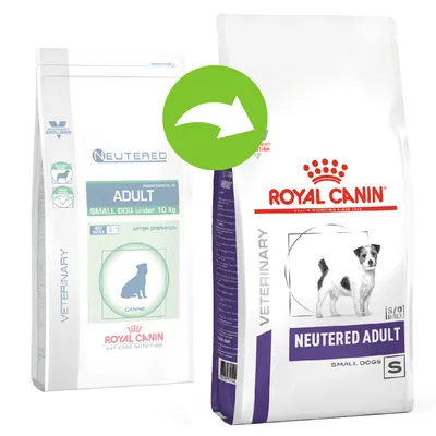 Две упаковки корма Royal Canin для стерилизованных взрослых собак мелких пород: старая и новая версия, стрелка указывает на обновление упаковки. Видны надписи NEUTERED ADULT, SMALL DOG.