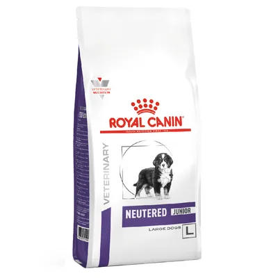 Royal Canin Veterinary Neutered Junior Large Dogs L -koiranruokapakkaus, etupuolella koiran kuva ja tekstit NEUTERED JUNIOR, LARGE DOGS, L.