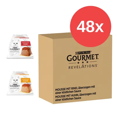 Purina Gourmet Revelations. 48x Mousse mit Rind und Mousse mit Huhn, überzogen mit einer köstlichen Sauce.