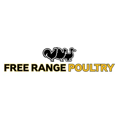 Free Range Poultry. Logo cu siluete de găină, rață și gâscă.